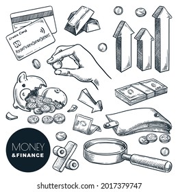 Money, investment and finance vector sketch icons. Crisis, financial losses and bankruptcy hand drawn design elements isolated on white background