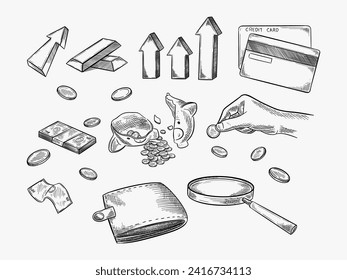 Money, investment and finance vector sketch icons. Crisis, financial losses and bankruptcy hand drawn design elements isolated on white background