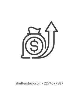 Money investment line icon. Money bag and arrow linear style sign for mobile concept and web design. Financial growth outline vector icon. Symbol, logo illustration. Vector graphics