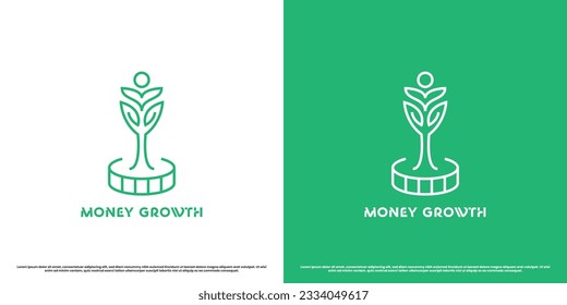 Money investment logo design illustration. Modern flat simple minimalist coin money tree plant creative silhouette abstract business fund accounting payment financial cash capital rich bank economy.
