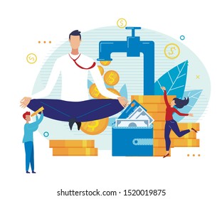 Money Investment. Revenue Growth. Creative Finance Projects. Business Success. Cartoon Huge Businessman Leader Meditating. Workers Character Looking at Coins Falling from Tap. Vector Flat Illustration