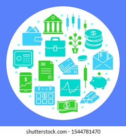 Money and investment round concept in flat style. Banking and finance activities symbols. Financial poster template. Vector illustration.