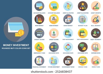 Money investment rounded multi color icon pack. contain account balance, asset growth, debt payment, money, emergency fund and more. use for modern concept, web and app development. Vector EPS 10