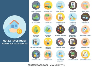 Money investment rounded multi color icons set. contain asset growth, bank deposit, bank loan, compound interest, credit card and more. use for modern concept, web and app development. Vector EPS 10