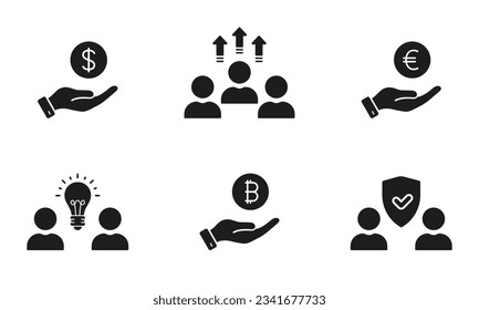 Money Investment Silhouette Icons Set. Banking Business Solution Glyph Pictogram Collection. Teamwork for Finance Startup Solid Sign. Teamwork Development Symbol. Isolated Vector Illustration.