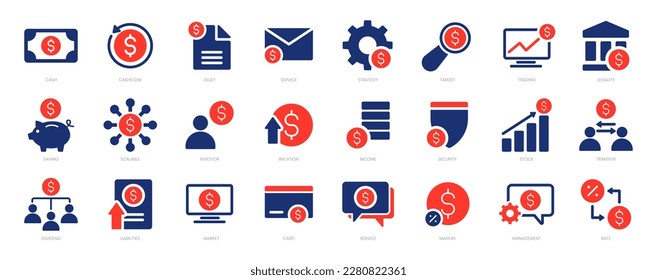 Money investment solid icons set collection. Include cash, asset, scalable, investor, inflation, income, rate, transfer, stock, etc. 