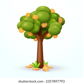 Money investment. Money tree with coins underneath. 3d vector, suitable for business and design elements