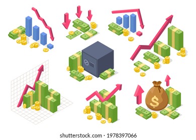 Money isometric chart. Income growth, financial success concept with money, coins, upward arrow. Economic crisis, stock market fall vector set. Profit analysis, increasing and saving income