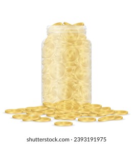 Money Jar or Money Bottle. Glass Jar with Coins. Growing Money, Saving and Investment Concept. 