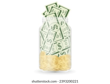 Money Jar or Money Bottle. Glass Jar with Coins and Dollar Banknote. Growing Money, Saving and Investment Concept. 