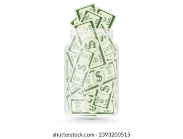 Money Jar or Money Bottle. Glass Jar with Dollar Banknote. Growing Money, Saving and Investment Concept. 