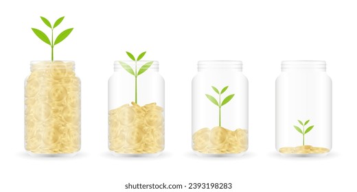 Money Jar or Money Bottle with Growing Plant. Glass Jar with Coins. Growing Money, Saving and Investment Concept. 