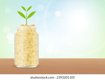 Money Jar or Money Bottle with Growing Plant. Glass Jar with Coins in Natural Green Background. Growing Money, Saving and Investment Concept. 