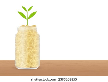 Money Jar or Money Bottle with Growing Plant. Glass Jar with Coins. Growing Money, Saving and Investment Concept. 