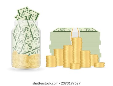 Money Jar or Money Bottle with Stack of Coins and Dollar Banknote. Growing Money, Saving and Investment Concept. 