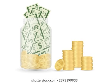 Money Jar or Money Bottle with Stack of Coins. Growing Money, Saving and Investment Concept. 