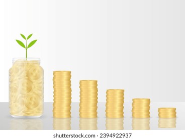 Money Jar or Money Bottle with Stack of Coins. Glass Jar with Coins. Growing Money, Saving and Investment Concept. 