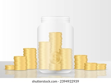 Botella de dinero o de dinero con pila de monedas. Jar de vidrio con monedas. Crecimiento del Dinero, Ahorro y Concepto de Inversión. 