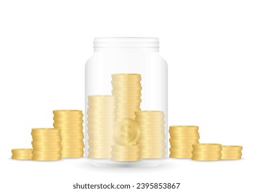 Money Jar or Money Bottle with Stack of Coins. Glass Jar with Coins. Growing Money, Saving and Investment Concept. 