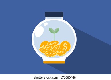 Money Jar. coins and plant seed in glass jar. Vector Illustration.