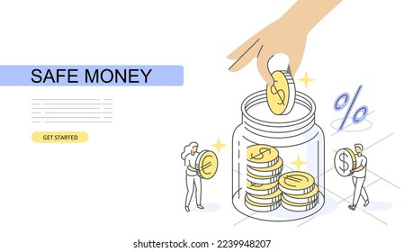 Money jar full gold coins Isometric Concept. Use for web page, banner, infographics. Flat illustration editable line.