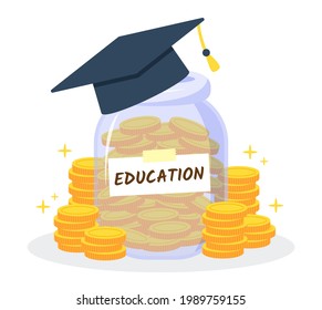 Money jar with graduation cap and stack of golden coins. The creative financial concept of savings for education or investment in knowledge. Trendy cute vector illustration. Flat style graphic design.