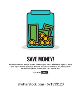 Money In Jar Line Style Save Money Concept With Text Box Template