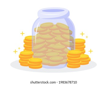 Money jar with many piles of golden coins isolated on white background. The creative financial concept of saving money and investment. Simple trendy cute vector illustration. Flat style graphic icon.
