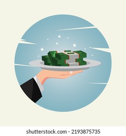 Money in jar on tray in hand vector illustration