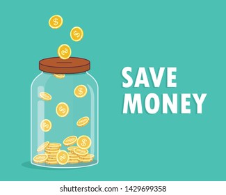 Money Jar. Saving dollar coin in jar.Save your money concept. illustration in flat style Raster version.