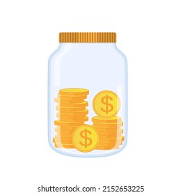 Money Jar. Saving dollar coin in jar.Save your money concept. Vector illustration in flat style