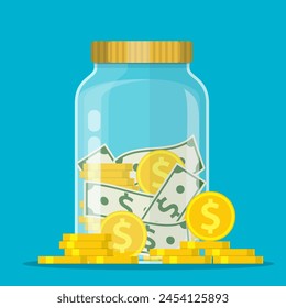 Money Jar. Saving dollar coin in jar.Save your money concept. Vector illustration in flat style