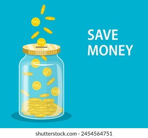 Money Jar. Saving dollar coin in jar.Save your money concept. Vector illustration in flat style