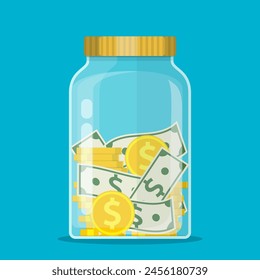 Money Jar. Saving dollar coin in jar.Save your money concept. Vector illustration in flat style