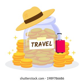 Money jar with a straw hat, suitcase, and stack of golden coins. Creative financial concept of savings for travel. Trendy cute vector illustration. Flat style graphic design. Summer vacation holiday.