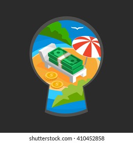 Money in keyhole color flat vector illustration, teaser spying through the key slit, money haven with umbrella on ocean beach with palm leaves, money paradise vector sign of offshore zone