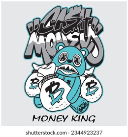 money is king slogan with bear toy in black billionaire t shirt vector illustration.