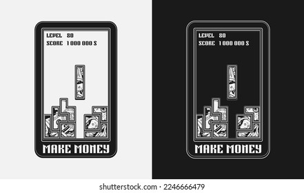 Etiqueta de dinero como juego de computadora en estilo retro. El texto gana dinero. Entretenimiento para smartphone. Ilustración creativa en estilo vintage para impresiones, ropa, diseño de superficie.
