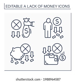 Money lack line icons set. Loses saving money. Piggybank. Unprofitable investment. Poverty. Poorness concept. Isolated vector illustrations.Editable stroke
