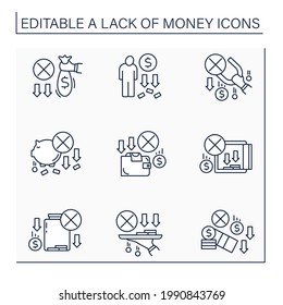 Money lack line icons set. Loses saving money. Unprofitable investment. Poverty. Poorness concept. Isolated vector illustrations.Editable stroke