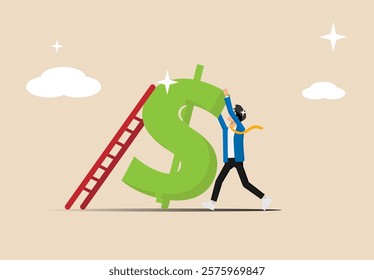 Money ladder to achieve financial independence goals, entrepreneurs start climbing the ladder to the top of the dollar bill, challenges to achieve investment targets or wealth planning strategy concep