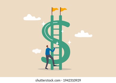 Money ladder to achieve financial independent goal, challenge to reach investment target or wealth planning strategy concept, businessman starting to climb up ladder to the top of money dollar sign.