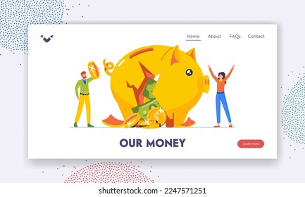 Money Landing Page Template. Finance, Investment Crisis Concept. Tiny Male and Female Business Characters Stand at Broken Piggy Bank. Financial Bankruptcy, Low Income, Debt. Vector Illustration