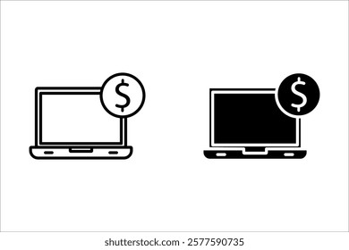 Money and laptop icons. Banking and Finance vector outline icon set.