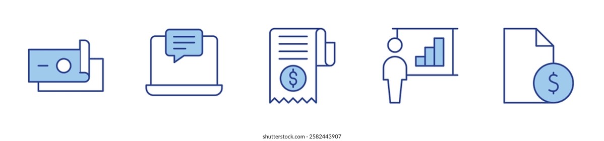 money, laptop, invoice, business presentation, contract. Icon vector illustration. Line Duotone style. Editable stroke.