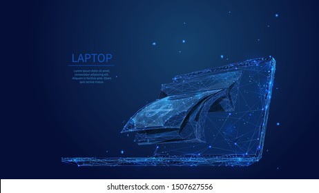 Money and laptop low poly art banner template. 3d polygonal banknotes and computer. Online shopping concept with connected dots and lines. Ecommerce and epay vector color wireframe mesh illustration