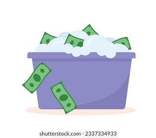 money laundering, banknotes in a plastic basin with water and foam- vector illustration