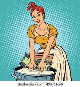 money laundering business concept, retro woman washes the dollar, pop art vector illustration