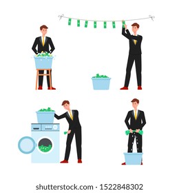 Money laundering - cartoon businessman cleaning cash dollar bills in washing machine and hanging them to dry - isolated flat set of illegal bank corruption concepts, vector illustration