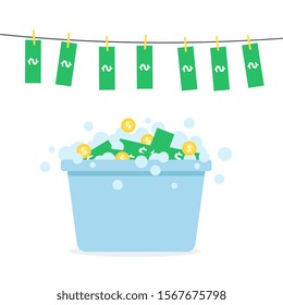 Money laundering concept - green dollar bills and gold coins inside laundry basket being washed with soap and hung on rope to dry, isolated flat cartoon vector illustration on white background